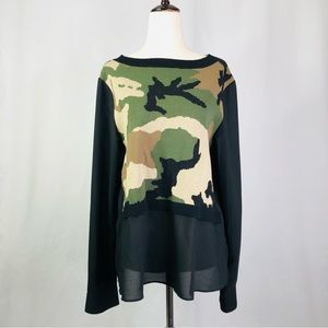 Nicole Miller Artelier camo blouse sheer semi-sheer long sleeve L